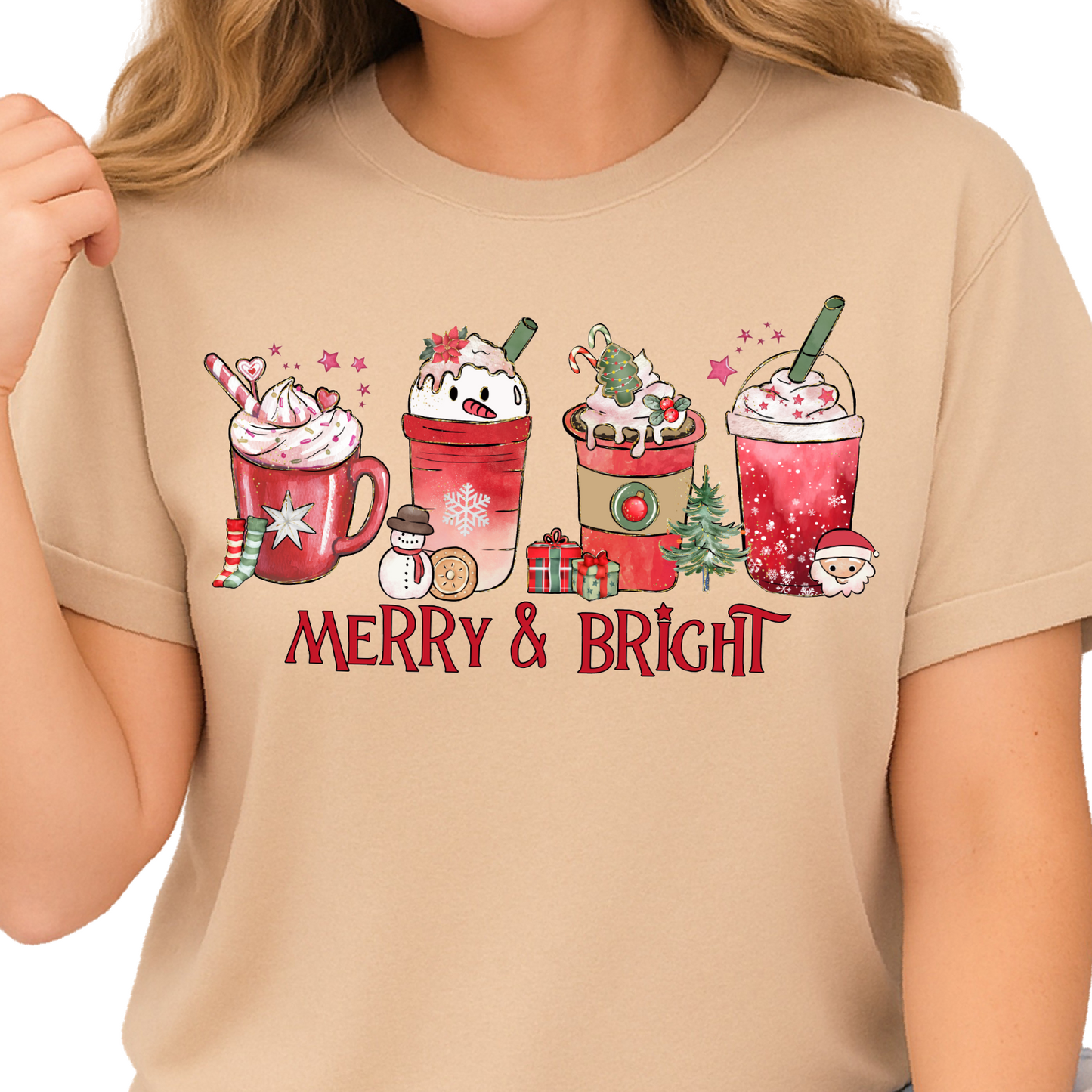 Merry and Bright DTF Transfer – Christmas Coffee Latte Holiday Ready to Press Heat Transfer
