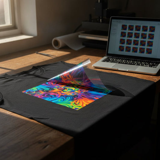 A bright, high‑contrast photo of a vibrant DTF transfer being peeled from a black T‑shirt on a workbench, with a laptop — low waste dtf printing