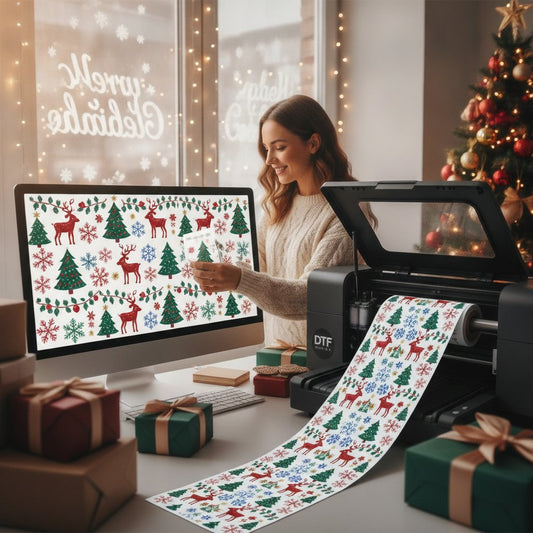 A bright, festive studio scene showing a designer arranging colorful holiday graphics on a computer screen next to a DTF — holiday capsule virginia