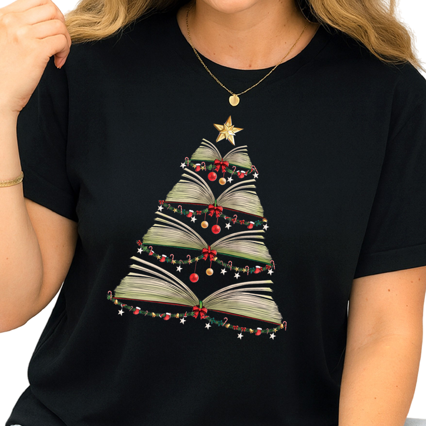 Books Tree Christmas DTF Transfer – Book Lover Holiday Ready to Press Heat Transfer