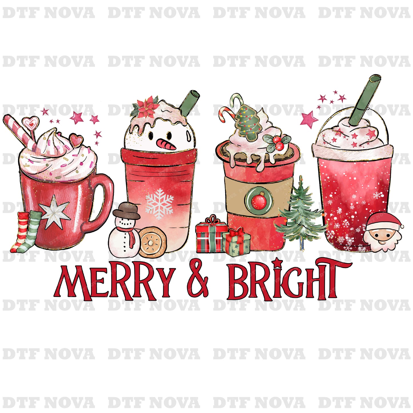 Merry and Bright DTF Transfer – Christmas Coffee Latte Holiday Ready to Press Heat Transfer