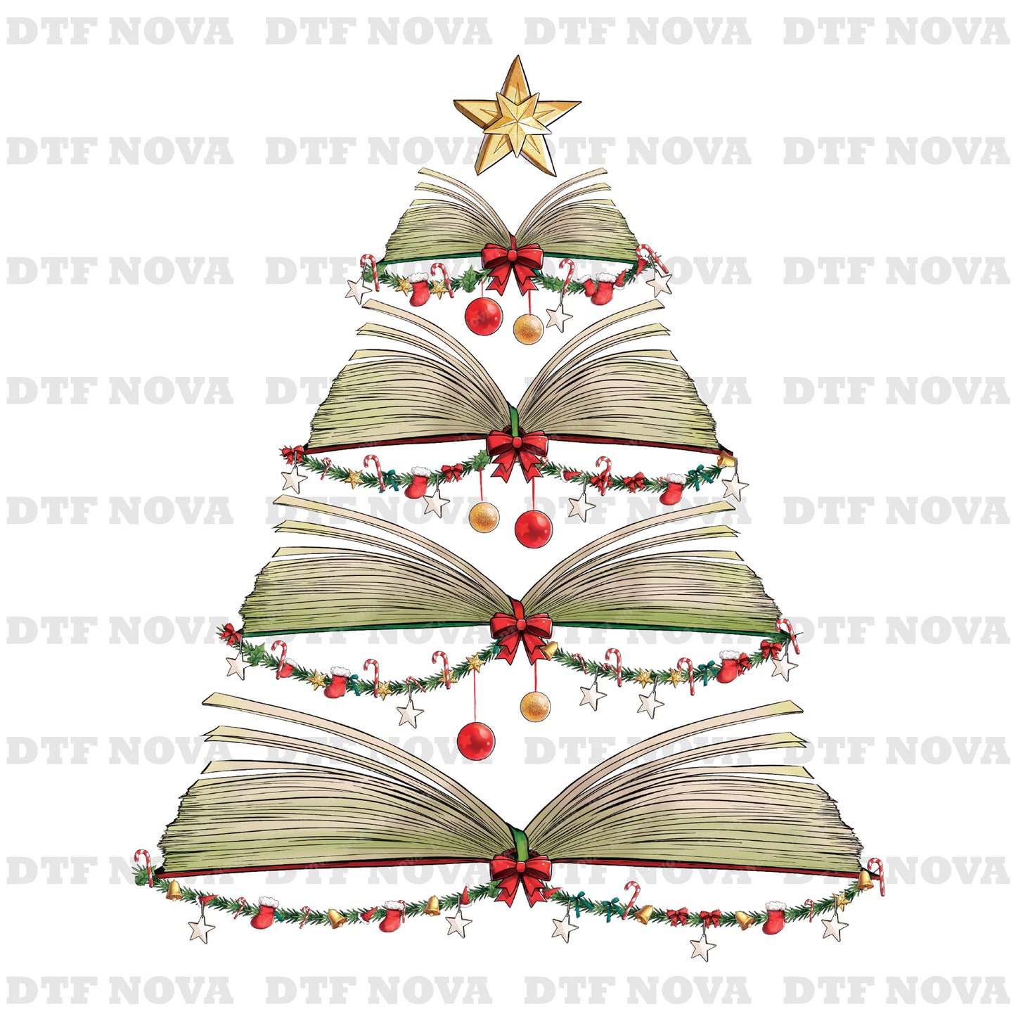 Books Tree Christmas DTF Transfer – Book Lover Holiday Ready to Press Heat Transfer