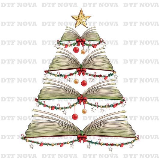 Books Tree Christmas DTF Transfer – Book Lover Holiday Ready to Press Heat Transfer