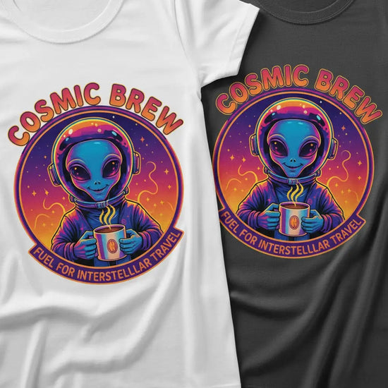 Alien t-shirt with cosmic brew design, white and black options.
