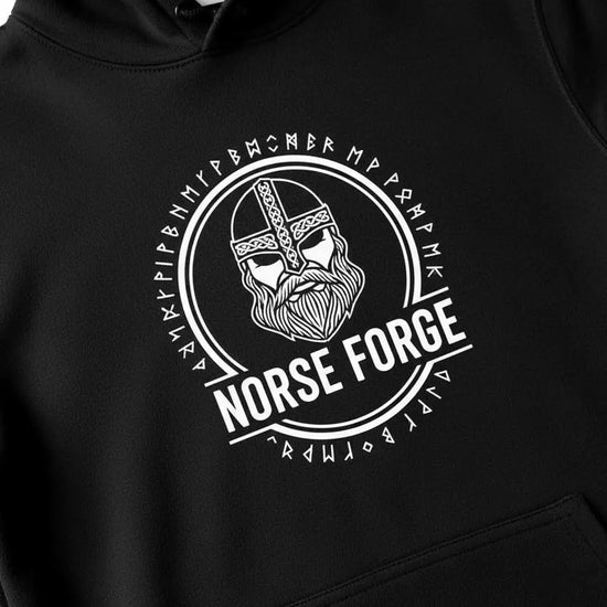 Black hoodie with white norse forge logo and viking helmet design.