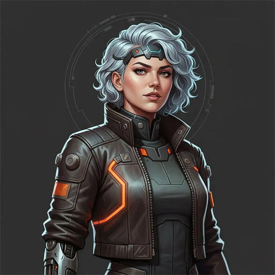 Black leather jacket with orange accents and futuristic design.