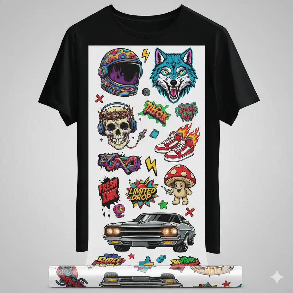 Black t-shirt with colorful graphic design featuring a wolf, skull in helmet, car and various stickers