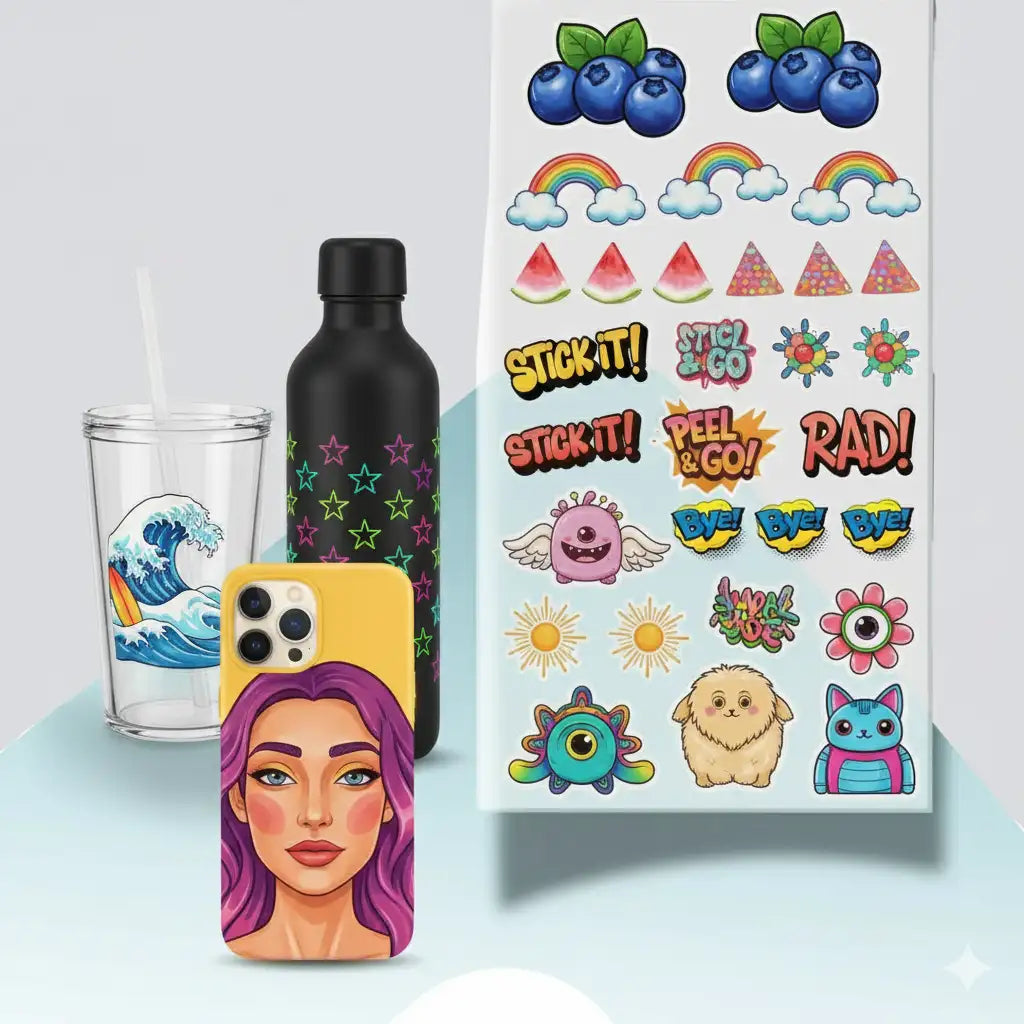 Black water bottle with colorful star design and straw lid, reusable material.