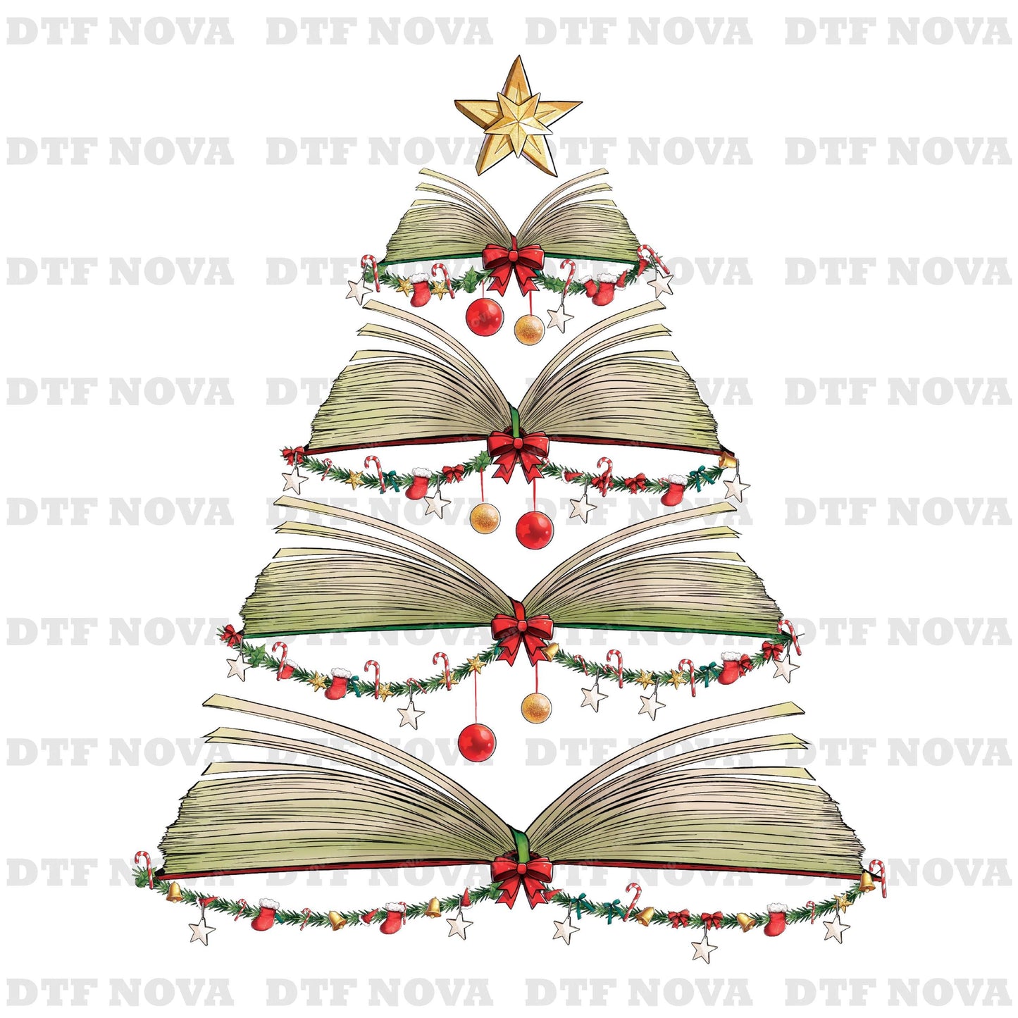 Books Tree Christmas DTF Transfer – Book Lover Holiday Ready to Press Heat Transfer - DTF NOVA