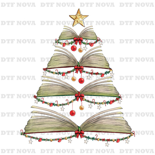 Books Tree Christmas DTF Transfer – Book Lover Holiday Ready to Press Heat Transfer - DTF NOVA
