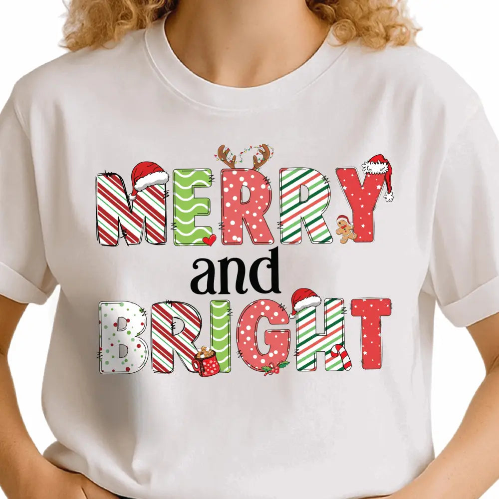 Merry & Bright Christmas DTF Transfer – Holiday Lights Shirt Design - DTF NOVA
