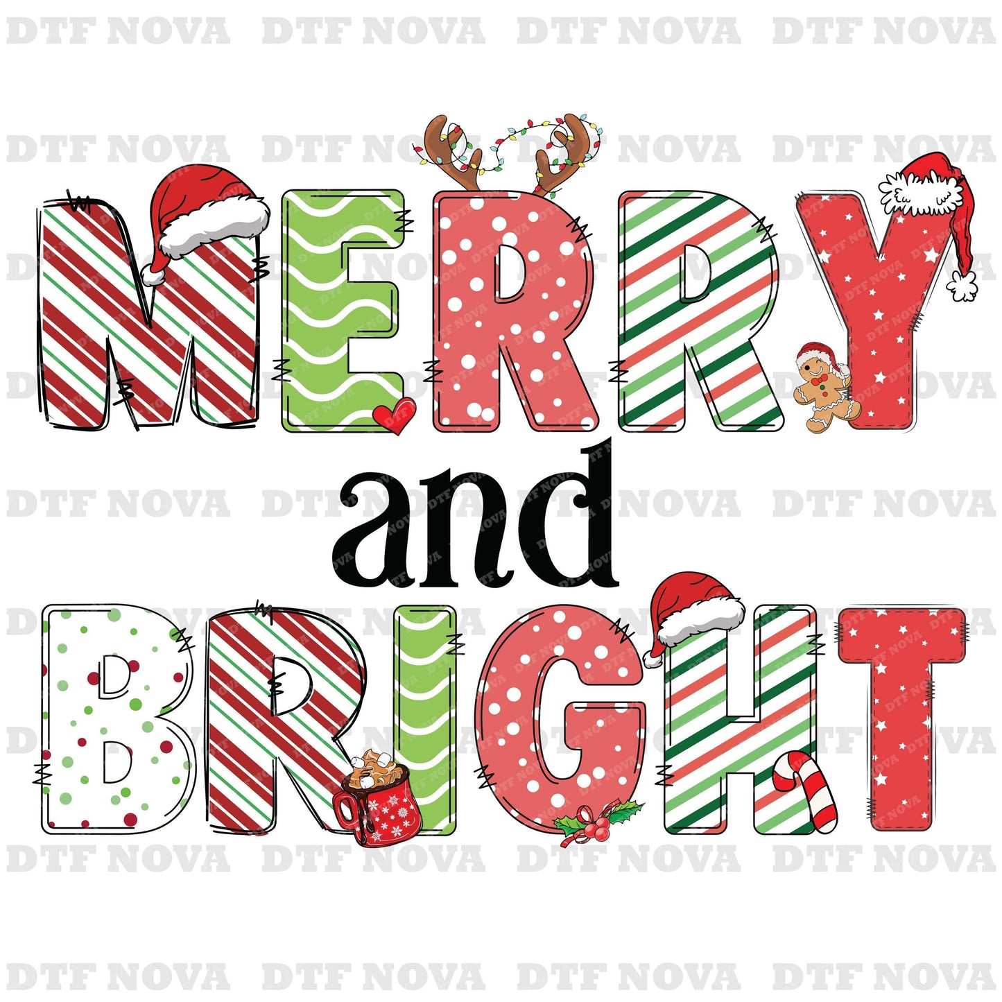 Merry & Bright Christmas DTF Transfer – Holiday Lights Shirt Design - DTF NOVA