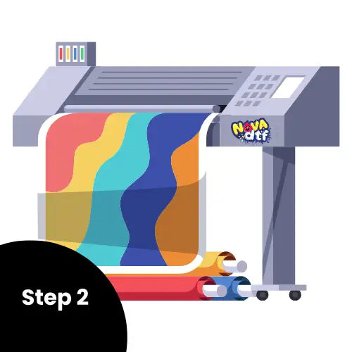 Multi-colored vinyl banner printer with wheels and ’nova dtf’ logo.