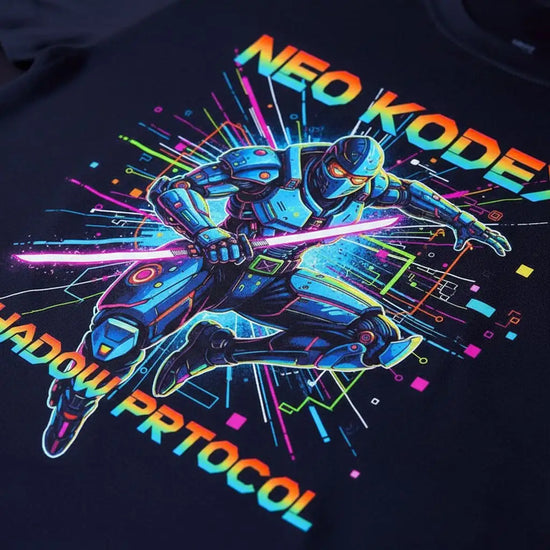 Neon blue and purple ninja t-shirt with dynamic design featuring a cyberpunk-inspired character.