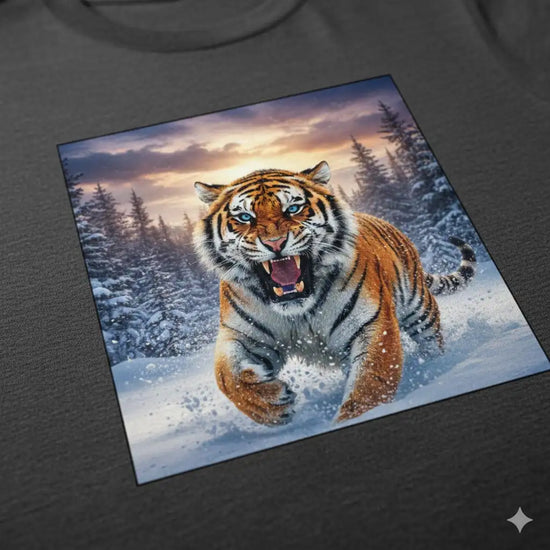 Tiger t-shirt with a running siberian tiger design, featuring vibrant orange and black stripes against white snow background.