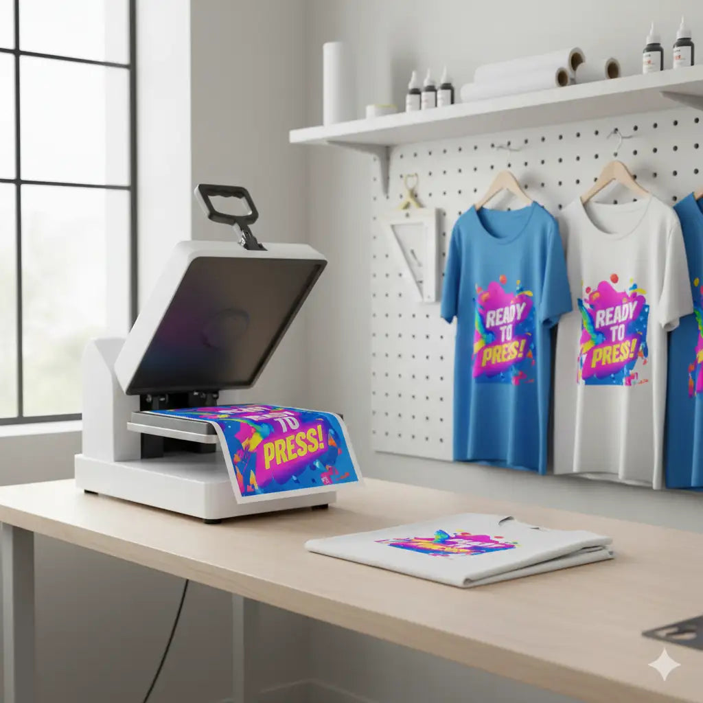 White heat press machine with black accents and digital display, designed for sublimation printing.