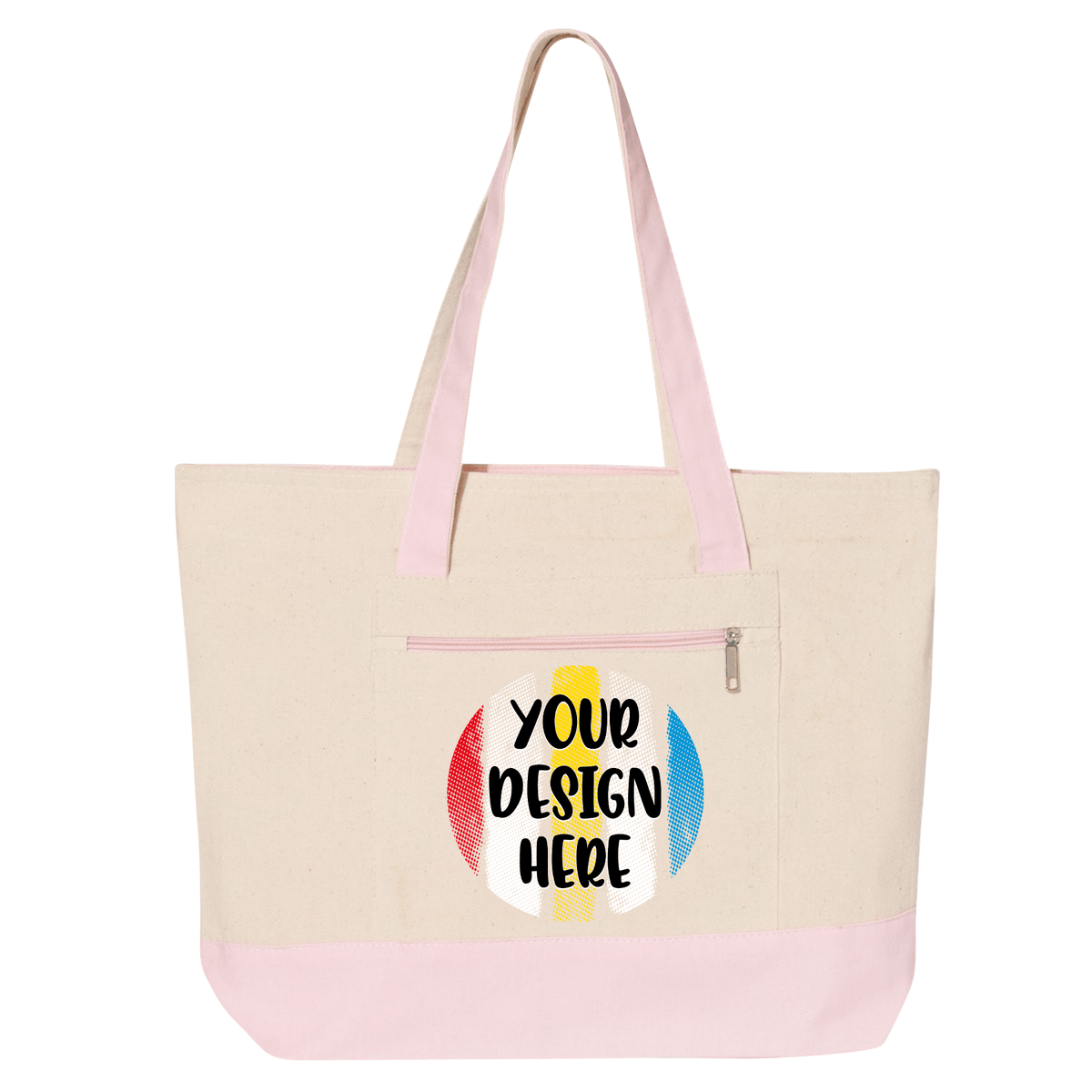 Custom printed Medium Zippered Canvas Tote Bag – Natural/Light Pink