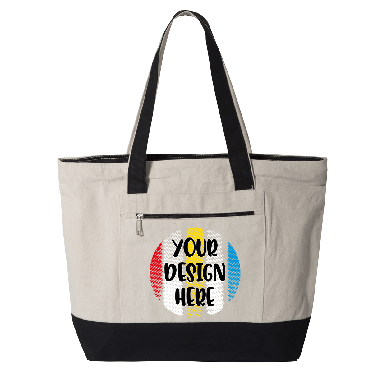 Custom printed Medium Zippered Canvas Tote Bag – Natural/Black