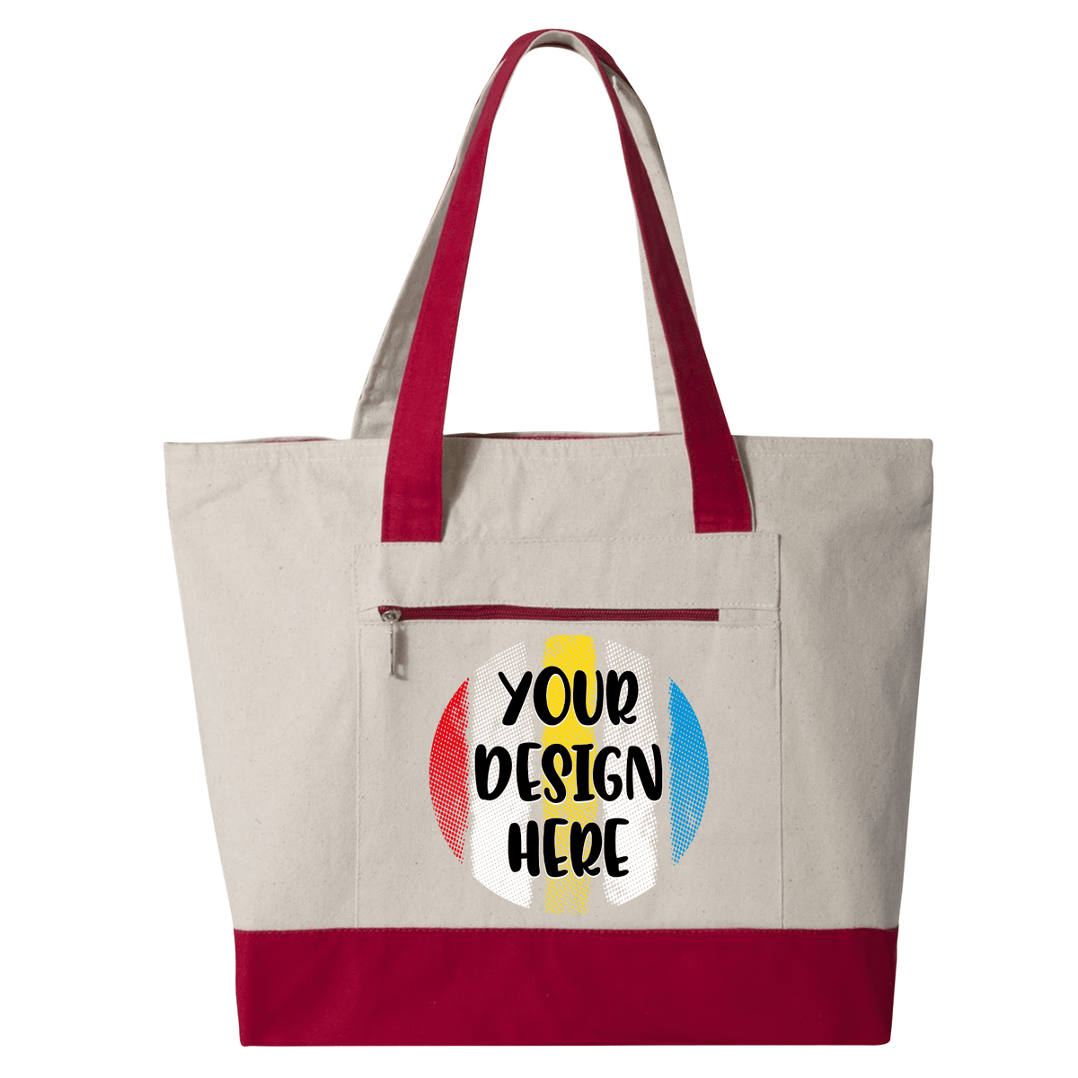 Custom printed Medium Zippered Canvas Tote Bag – Natural/Red