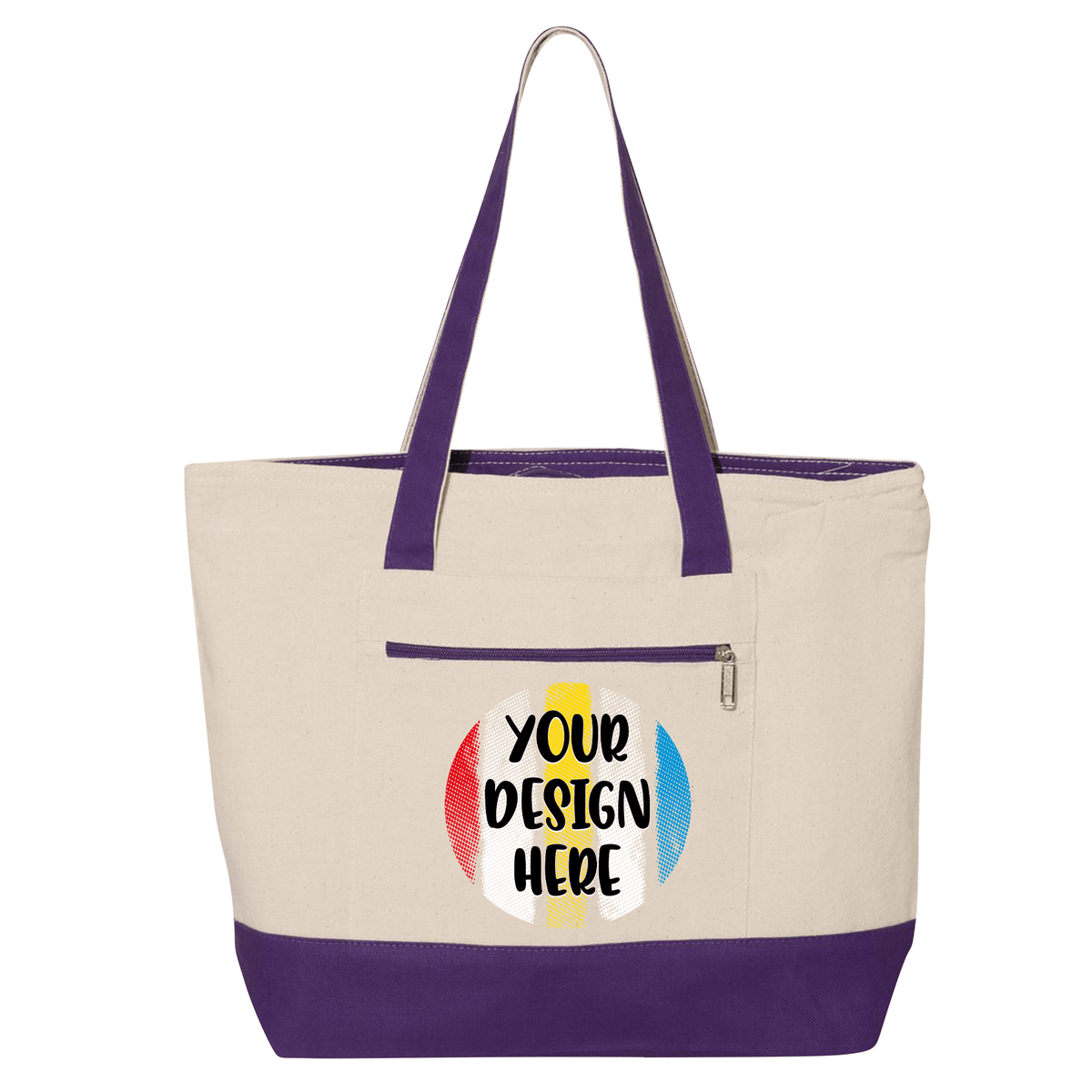 Custom printed Medium Zippered Canvas Tote Bag – Natural/Purple